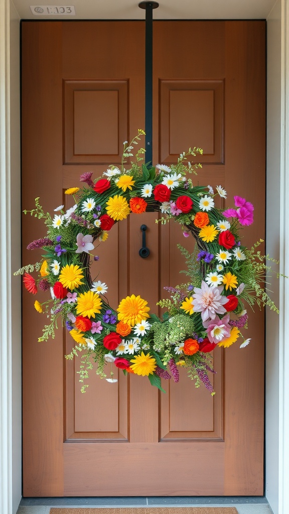 A vibrant wildflower wreath hanging on a front door, showcasing a variety of colorful flowers.