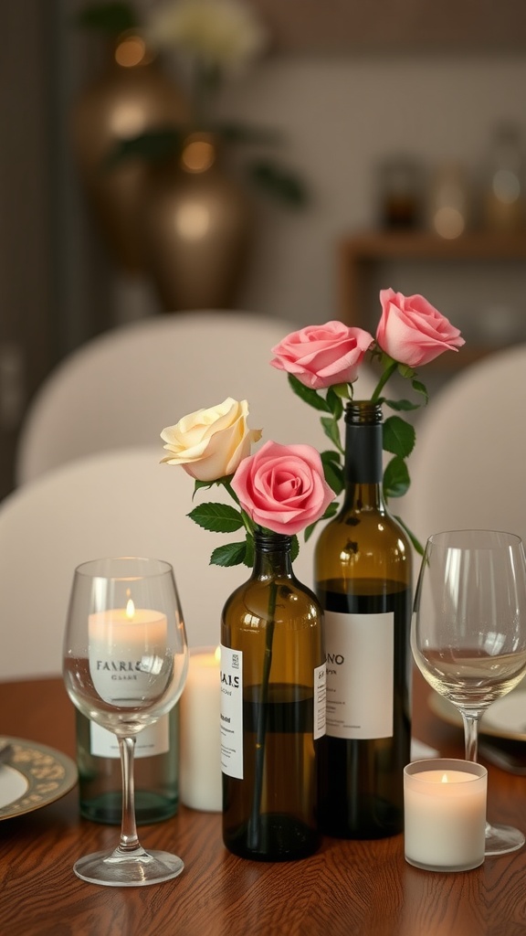 Wine bottles with roses as centerpieces on a table.