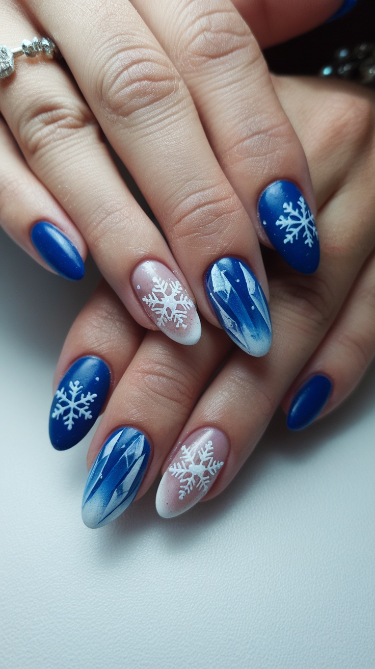 Close-up of winter-themed nail art featuring blue and white colors with snowflake designs.