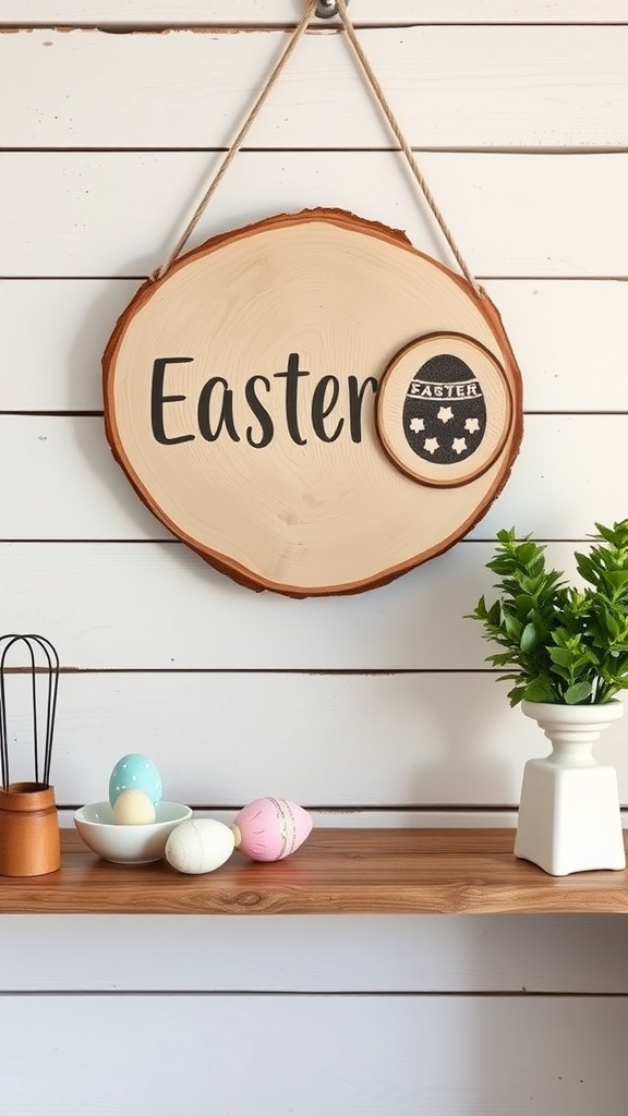 Wooden Easter wall art with the word 'Easter' on a wood slice, decorated with colorful Easter eggs.