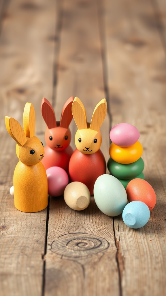 Colorful wooden bunny and egg stacking toys on a rustic wooden surface.