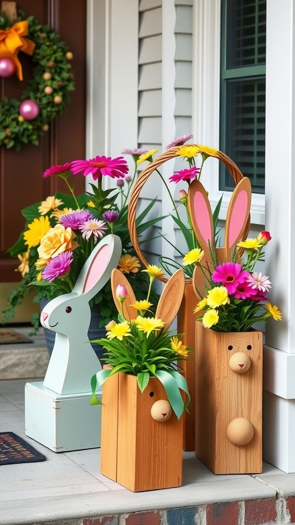 Wooden bunny planters decorated with colorful flowers, adding a rustic touch to Easter decorations.