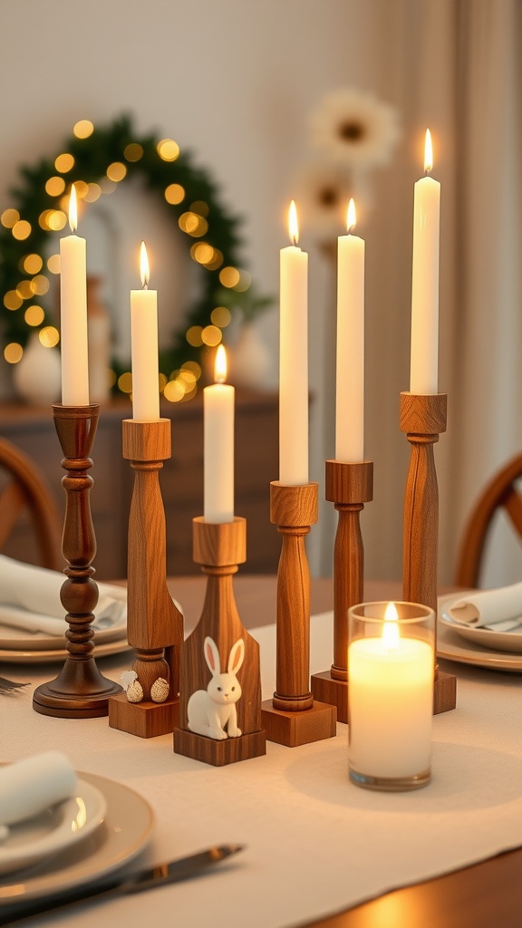 A collection of wooden candle holders with white candles and a bunny figurine on a dining table.