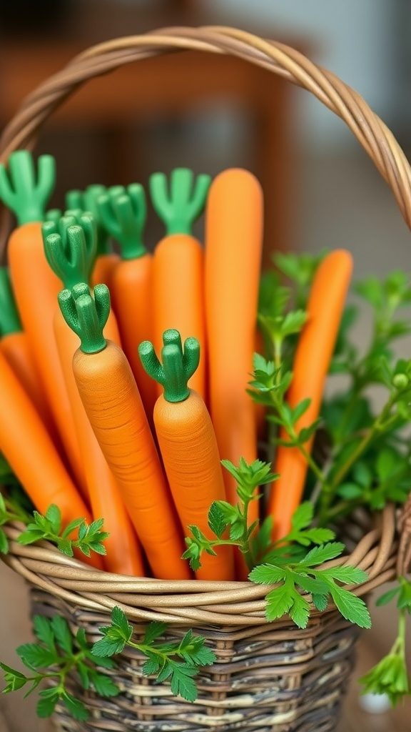 A basket filled with bright orange wooden carrot sticks, topped with green tops and surrounded by fresh greenery.