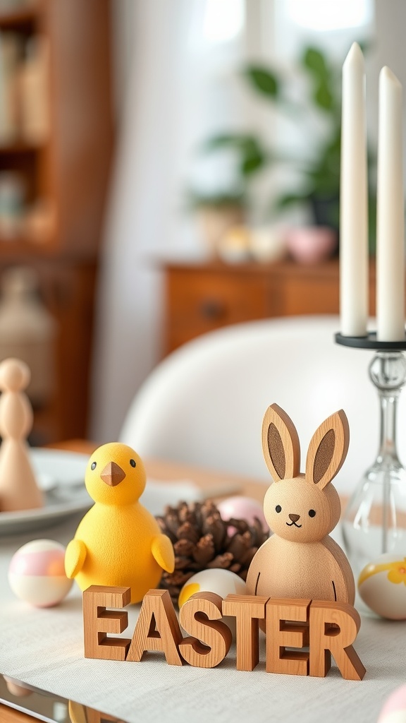 A wooden chick and bunny beside the word 'EASTER' on a dining table.