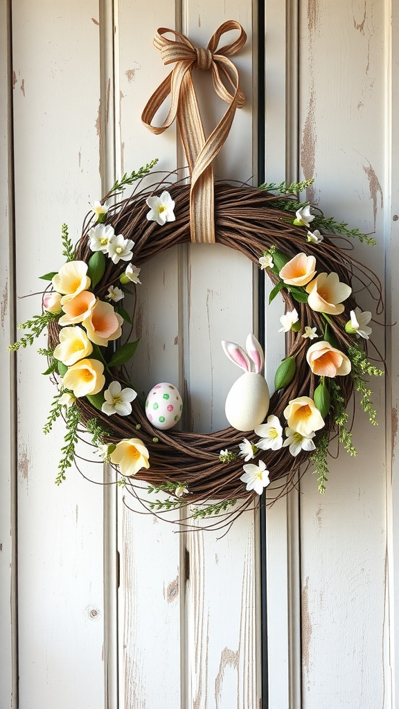 A rustic wooden Easter wreath decorated with flowers and Easter eggs, showcasing a spring theme.