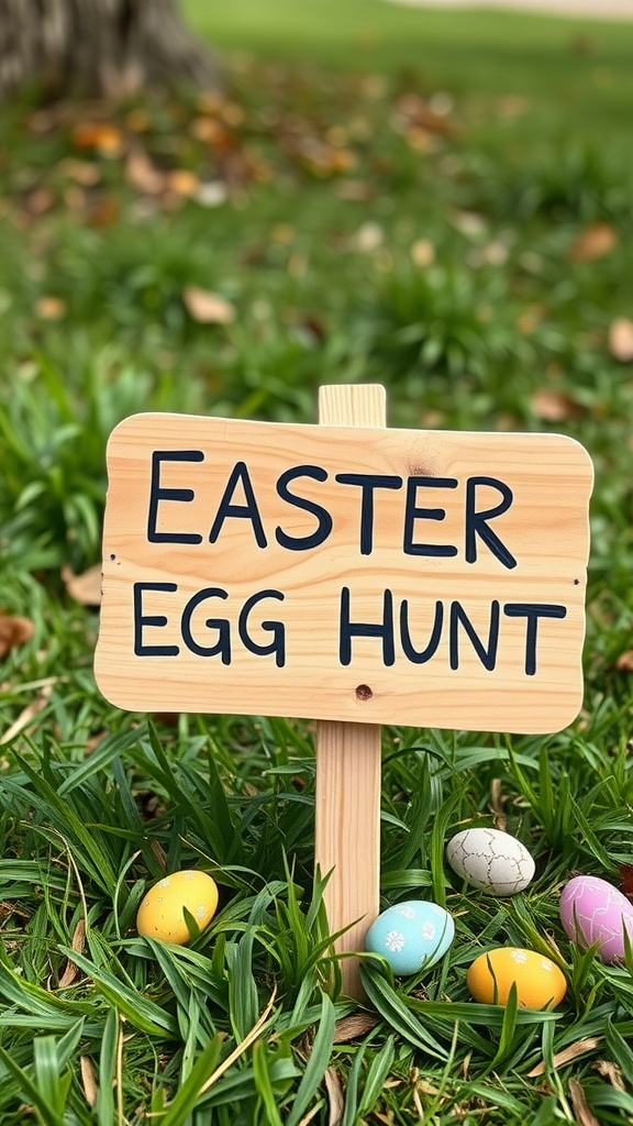 Wooden sign that says 'Easter Egg Hunt' with colorful eggs in the grass.