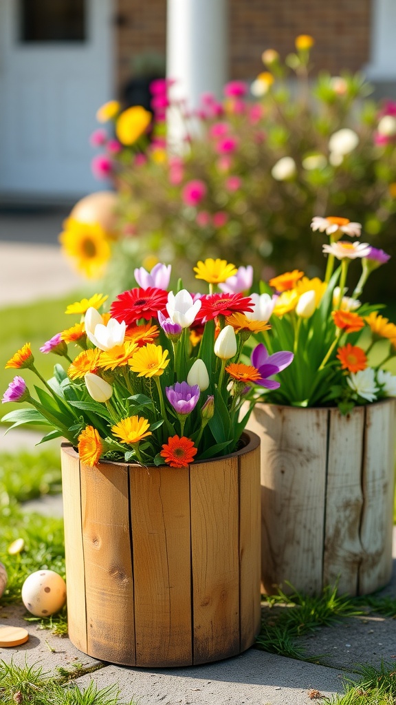 Colorful flowers in rustic wooden pots for Easter decoration.