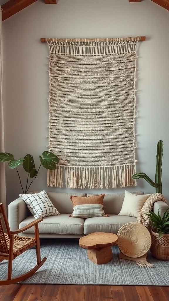 A cozy living room featuring a woven wall hanging above a light gray couch, surrounded by plants and decorative cushions.