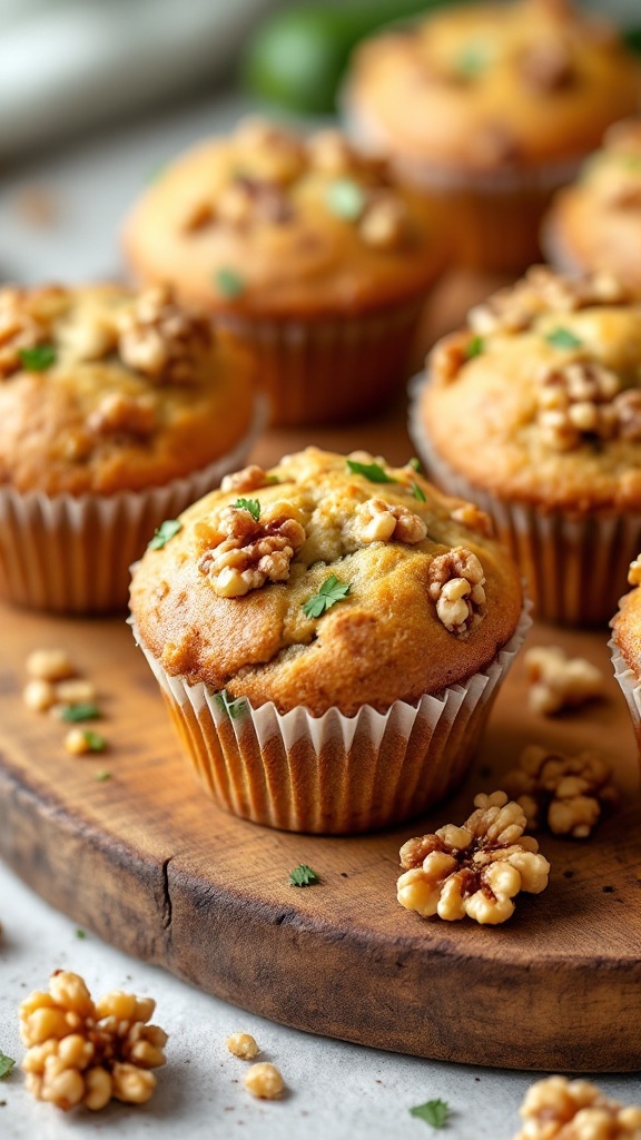 Zucchini bread muffins topped with walnuts on a wooden platter.