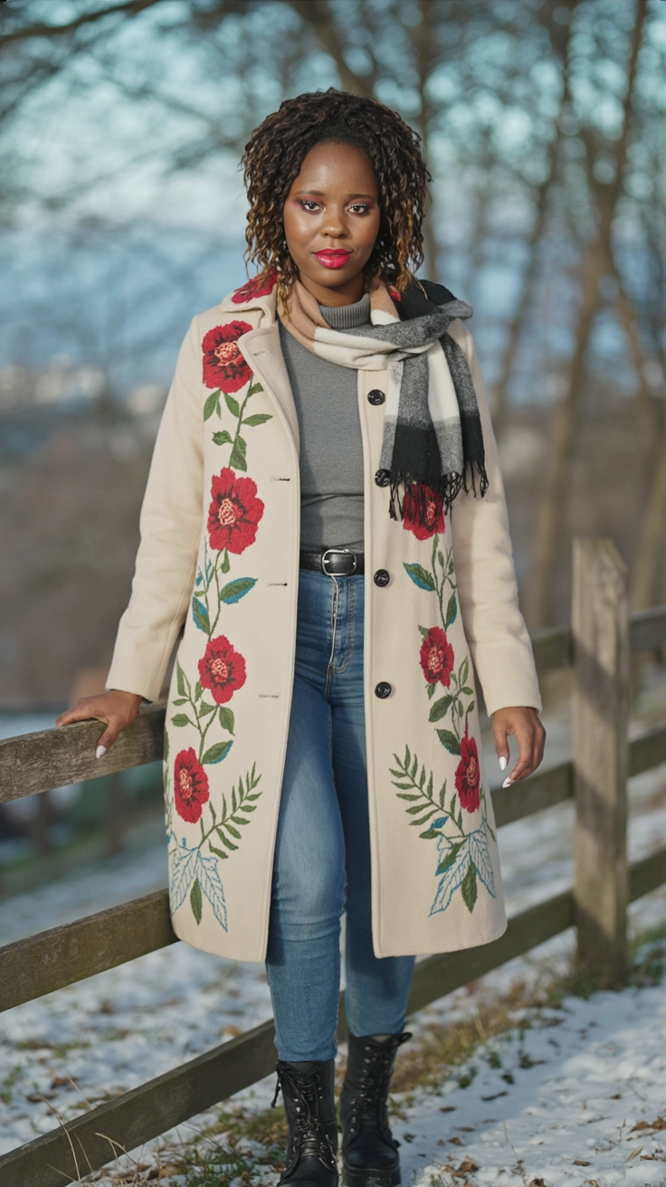 A woman wearing an embroidered coat with floral designs, standing in a snowy setting.