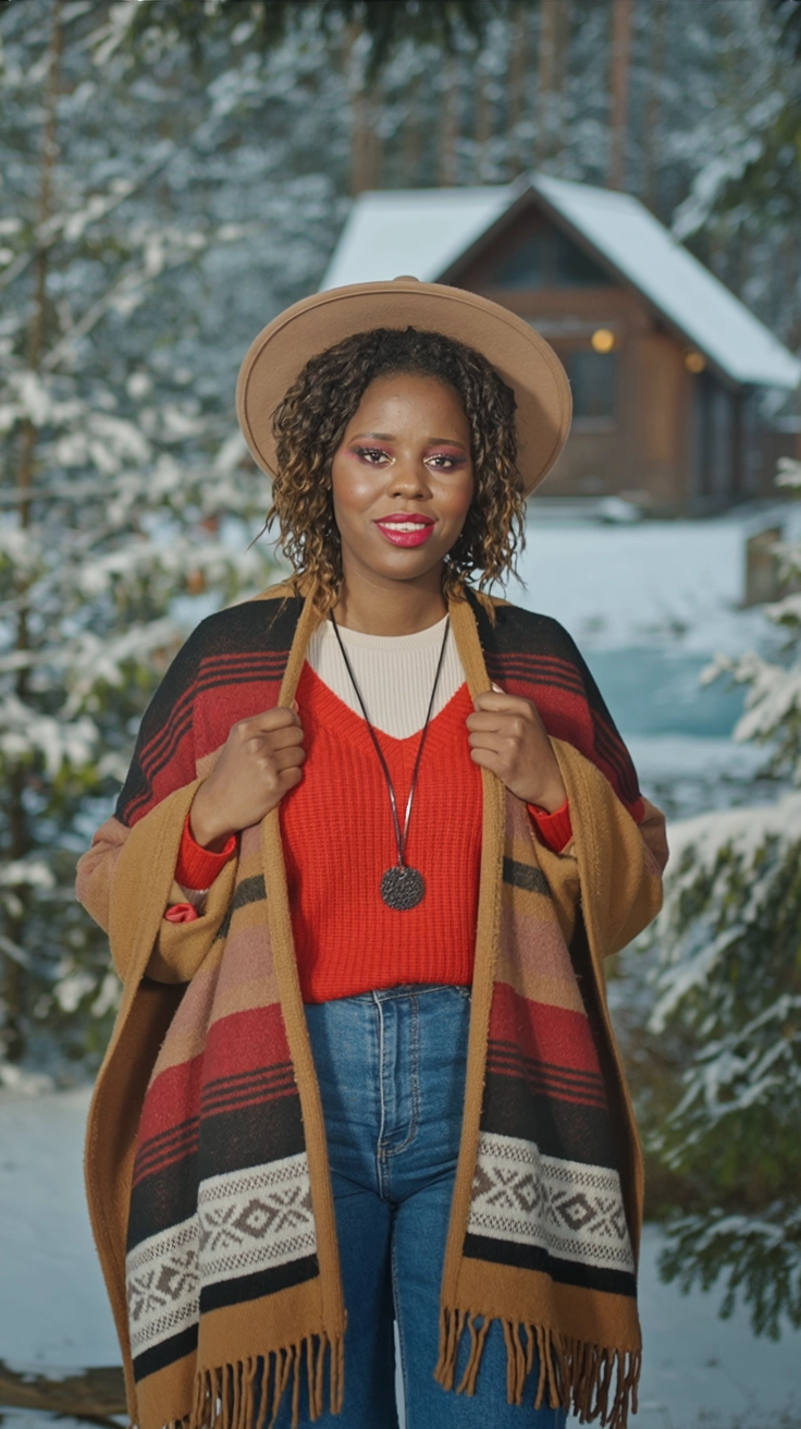 A women wearing boho-inspired winter outfit with a poncho and boots, set in a snowy landscape.