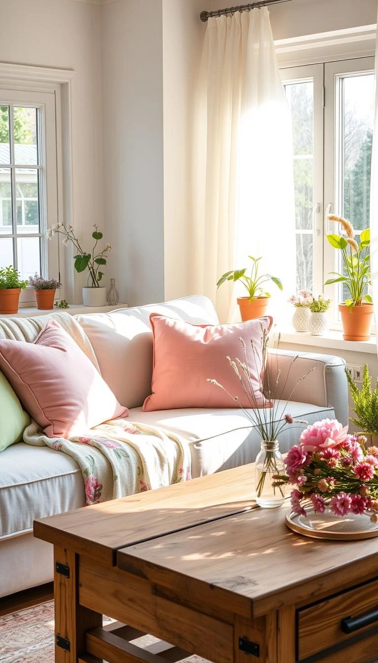 Cozy spring living room with pastel cushions, floral throw, green plants, wildflowers, and soft sunlight through sheer curtains.