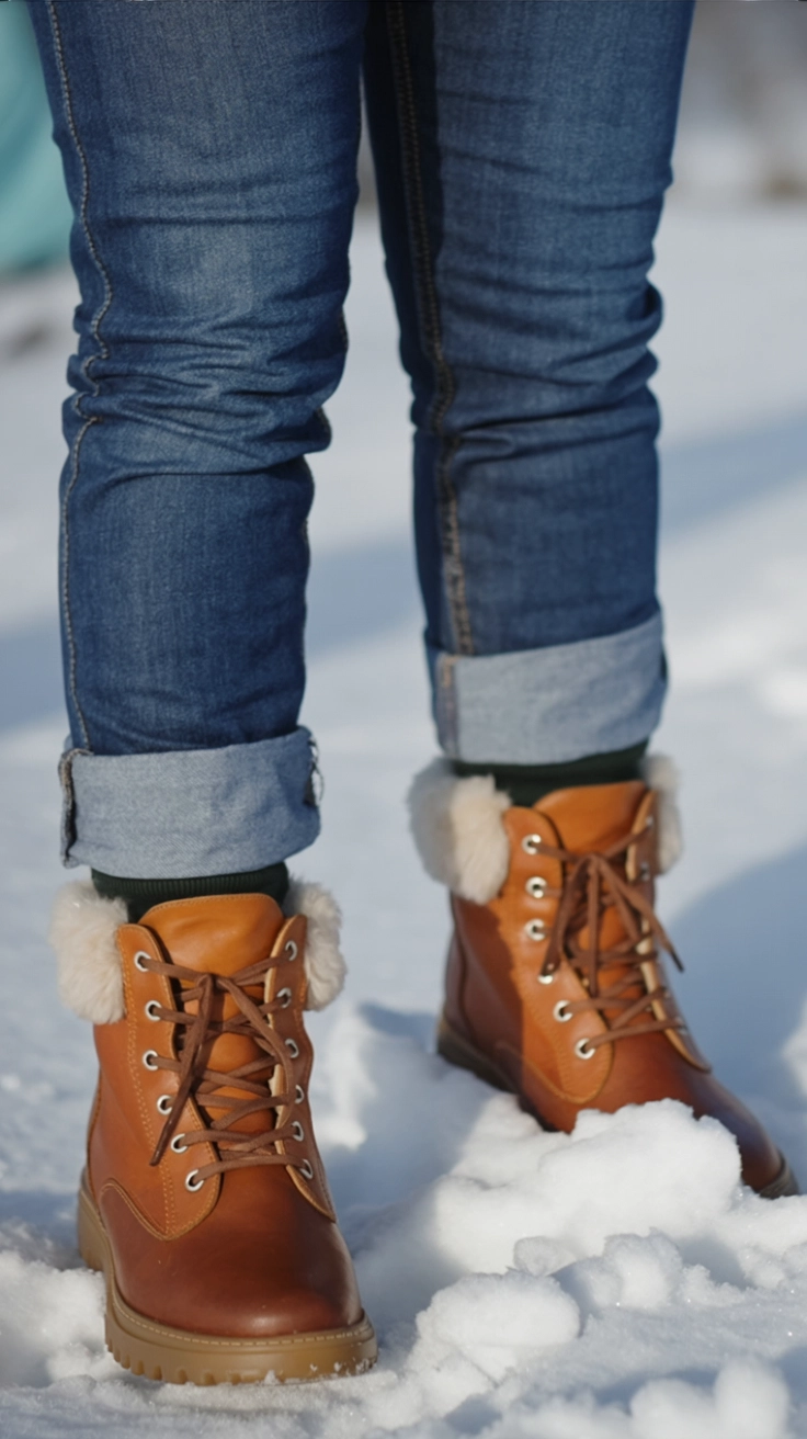 A pair of brown winter boots with fluffy lining standing in fresh snow.
