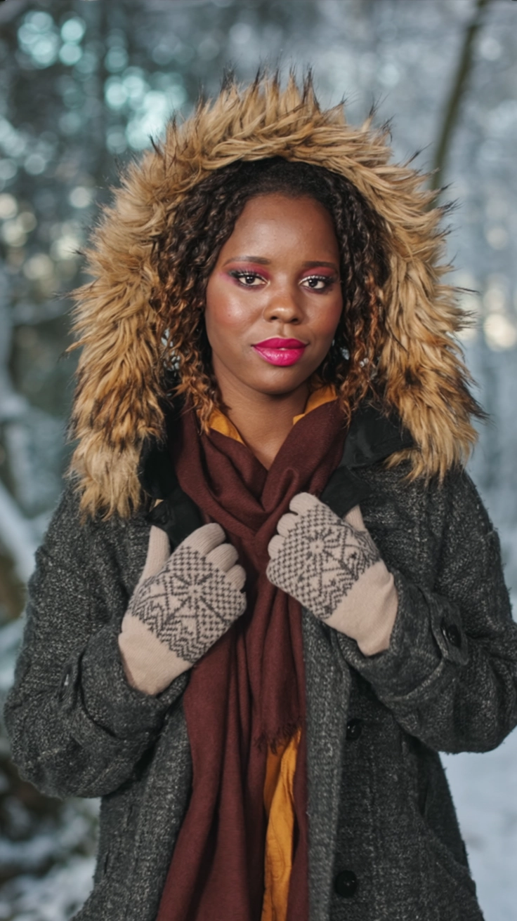 A woman in a cozy winter outfit with a faux fur hood, scarf, and patterned gloves, standing in a snowy landscape.