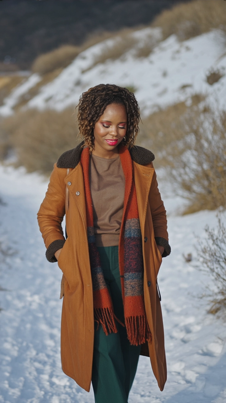 A woman in layered winter fashion, standing in a snowy landscape.