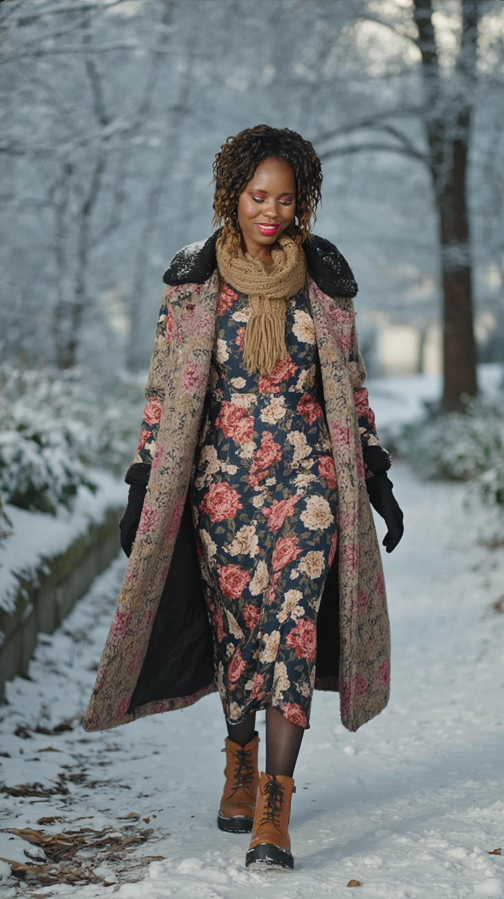 A woman wearing a floral patterned maxi dress with a cozy scarf and boots, walking outdoors in winter.