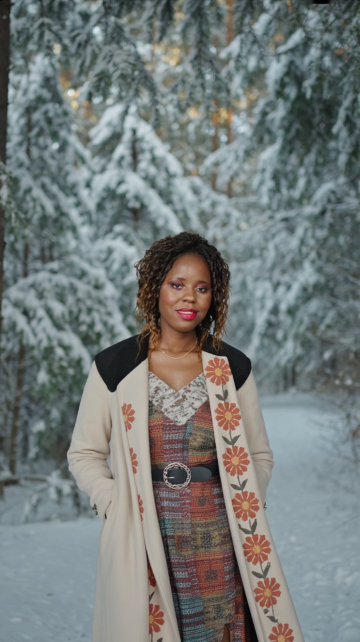 A women wearing boho fashion and stands in a snowy forest setting.