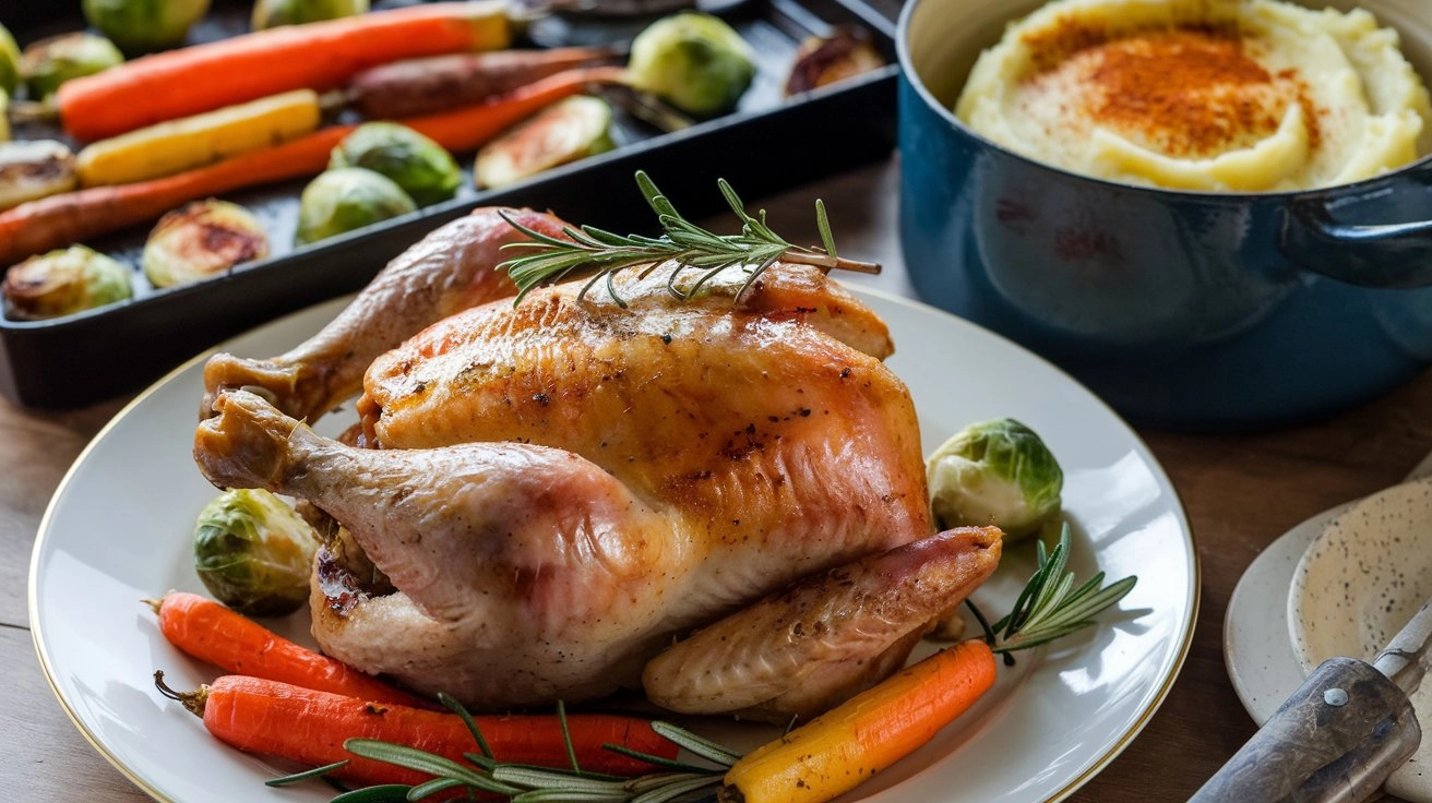 Easy Dinner Ideas for the whole family featuring roasted chicken, mashed potatoes and roasted seasonal vegetables