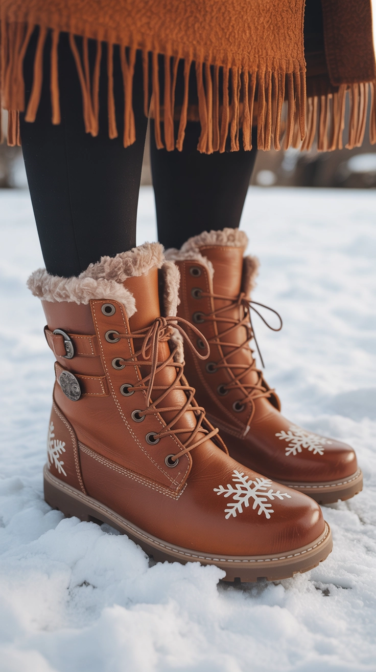 A pair of handcrafted leather boots with fluffy tops and intricate embroidery, standing in the snow.