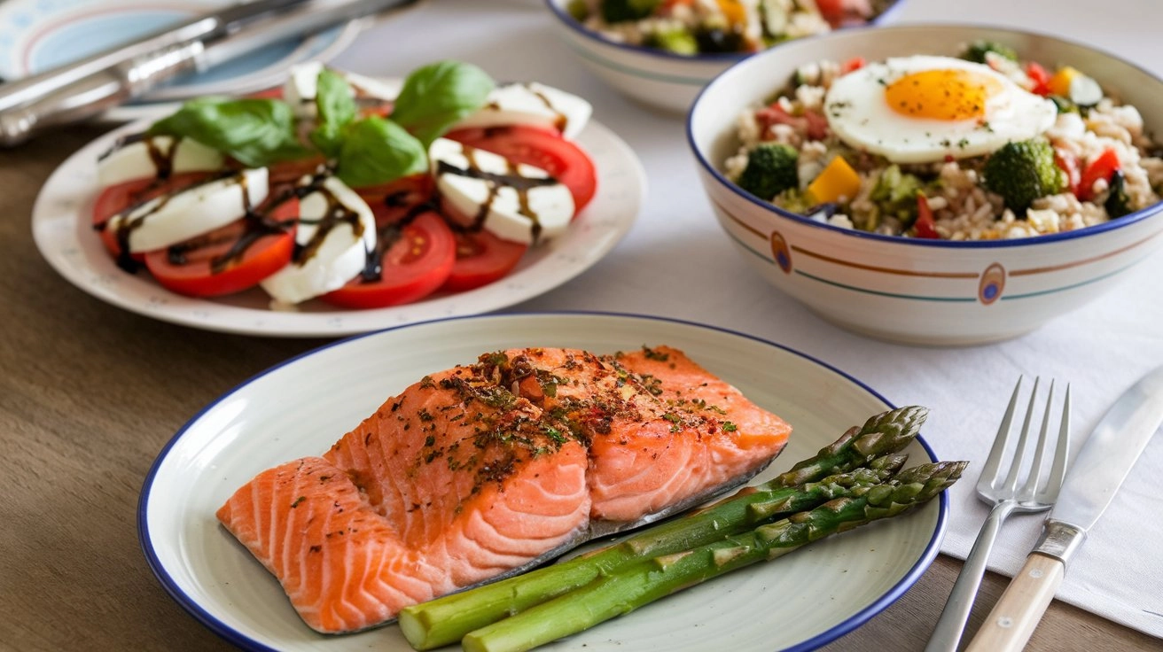 Healthy dinner recipes for Easter include a baked salmon fillet served with asparagus on a plate, a colorful Caprese salad with tomatoes, mozzarella, basil, and balsamic glaze, and a bowl of cauliflower fried rice with vegetables and eggs.