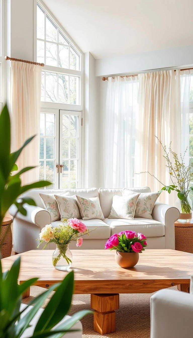 Bright spring living room with sunlight, green plants, pastel colors, white sofa, floral cushions, and billowing curtains.