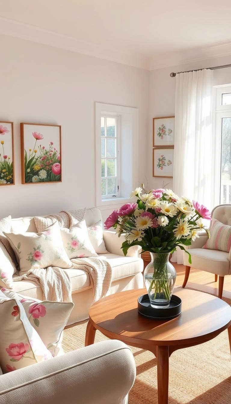 Spring-inspired living room with pastel cushions, floral throws, fresh flowers, sheer curtains, and sunlit garden-themed artwork.