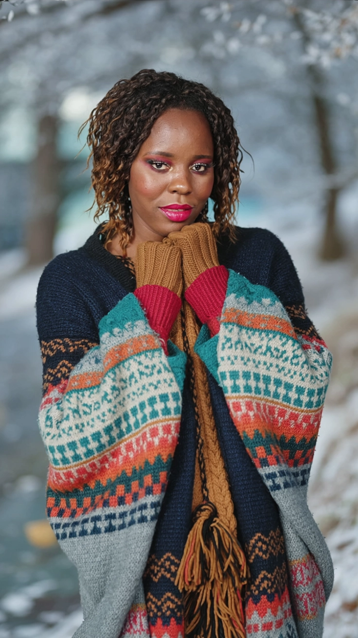 A woman wrapped in a colorful patterned shawl standing in a snowy outdoor setting.
