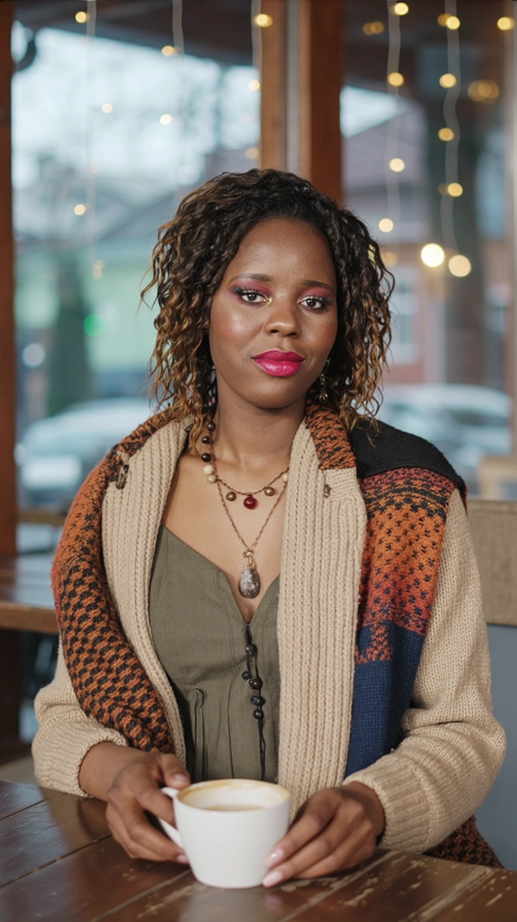 A woman in a stylish boho outfit with vibrant prints holding a cup of  coffe in a cozy caf&eacute; setting.
