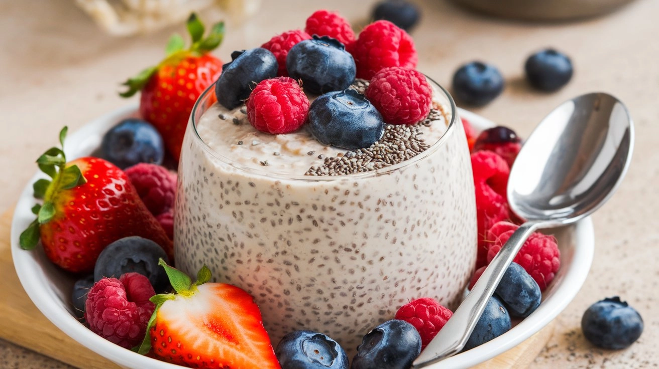 Overnight Oats with Chia Seeds topped with fresh berries