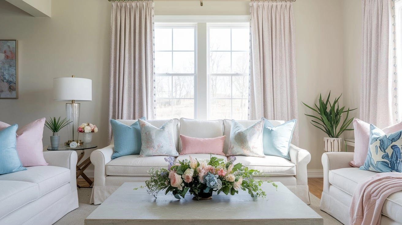 Refresh Your Living Room for Spring with bright living room with pastel pillows, floral centerpiece, and airy curtains for spring decor.