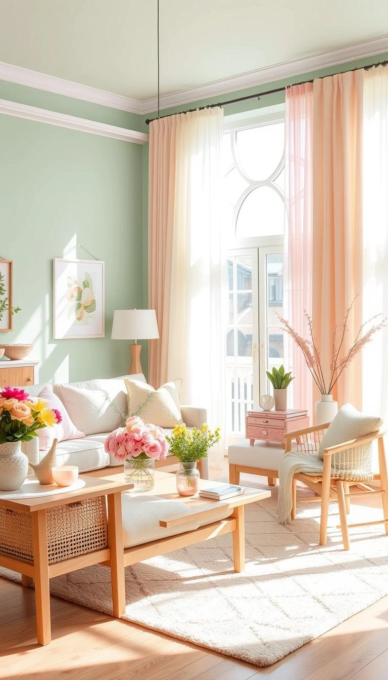 Bright spring living room with pastel mint, pink, and yellow tones, floral accents, light wood furniture, and sunlit spaces.