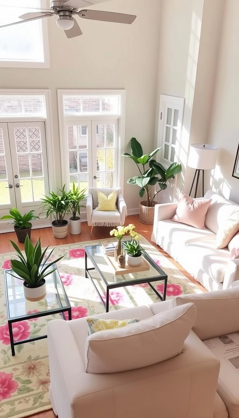 Sunlit spring living room with pastel decor, floral rug, potted plants, and refreshed furniture arrangement creating an airy atmosphere.