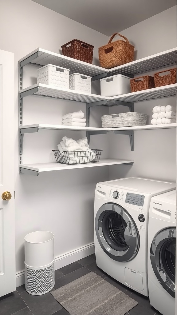 Laundry room with adjustable shelving and organized storage baskets.