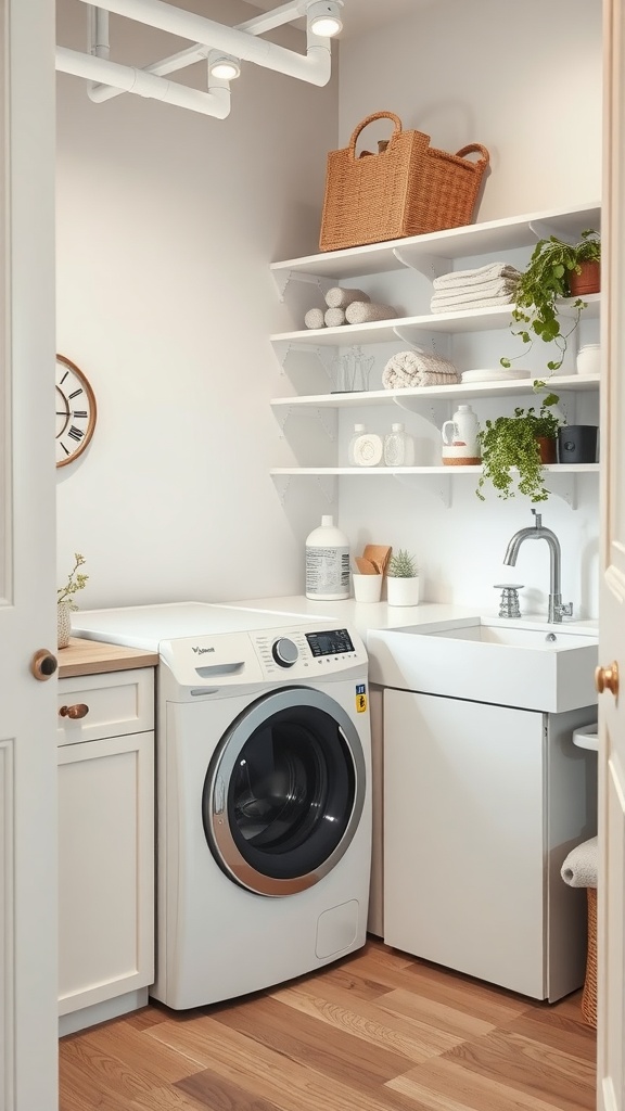 A well-organized laundry room with a washing machine, sink, and shelves for storage.