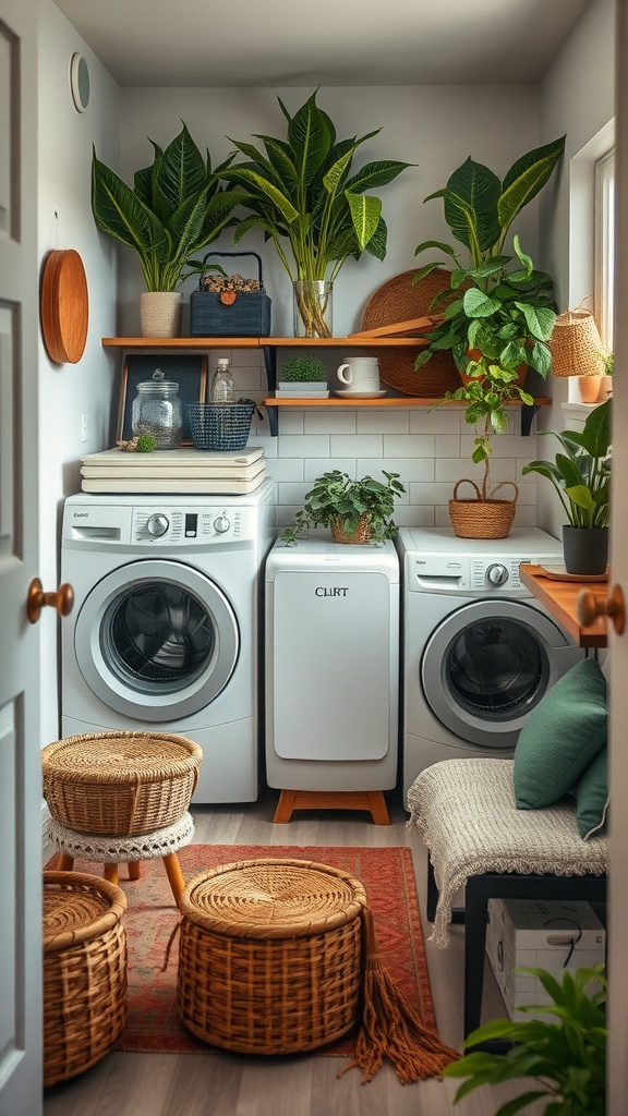 Cozy and organized laundry room with plants and decorative elements.