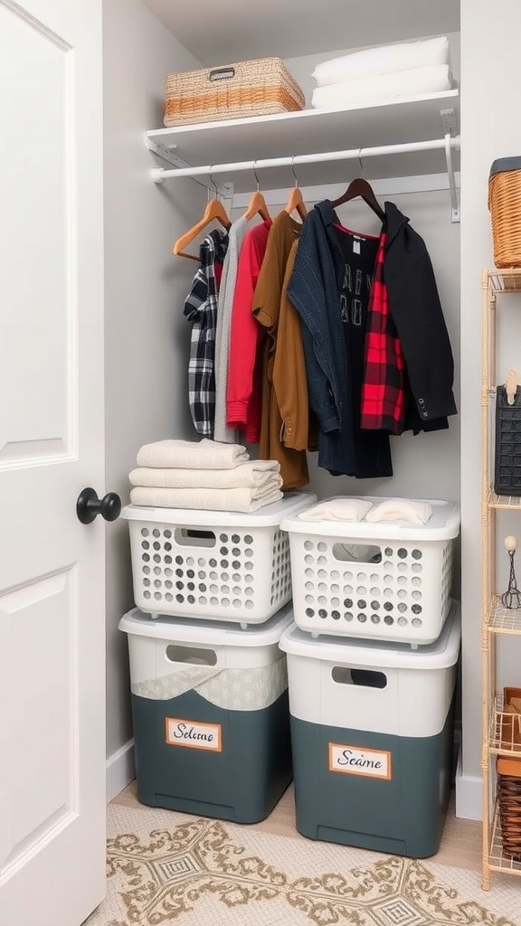 Organized laundry room with seasonal clothing storage