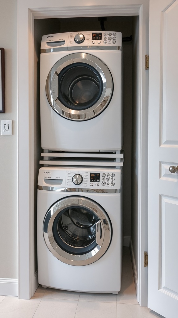 A compact laundry nook featuring stacked washer and dryer with a clean design.