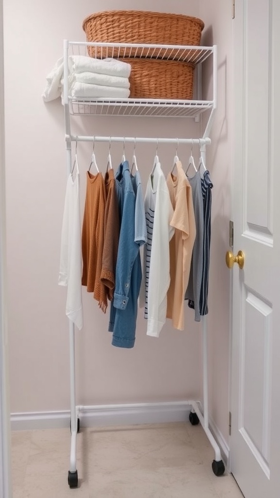 A compact drying rack with clothes hanging and a basket on top in a light-colored laundry room.