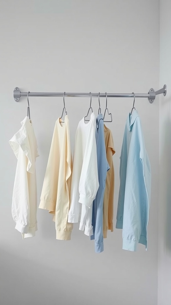 A drying rod with various colored shirts hanging from it in a laundry room.