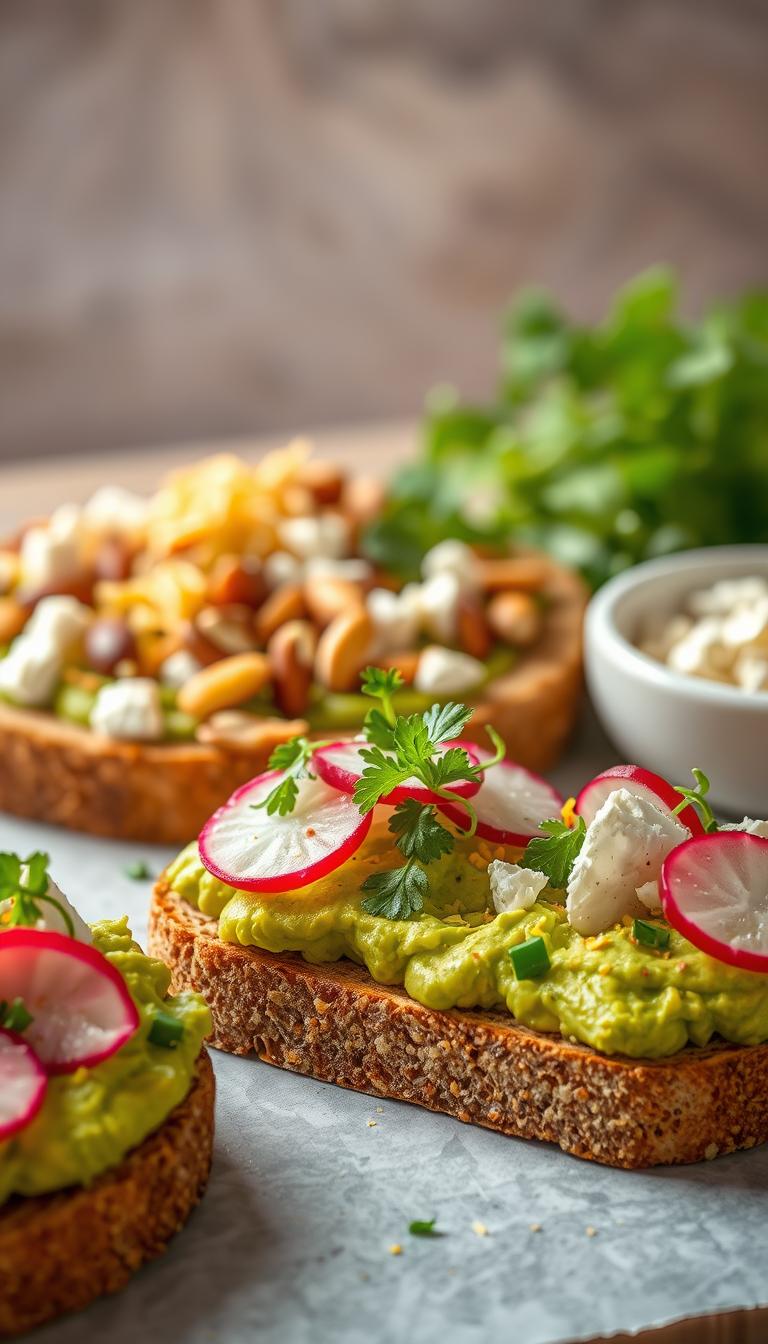 Gourmet avocado toast on whole grain bread with radishes, microgreens, feta, pine nuts and lemon zest, drizzled with olive oil in warm lighting.