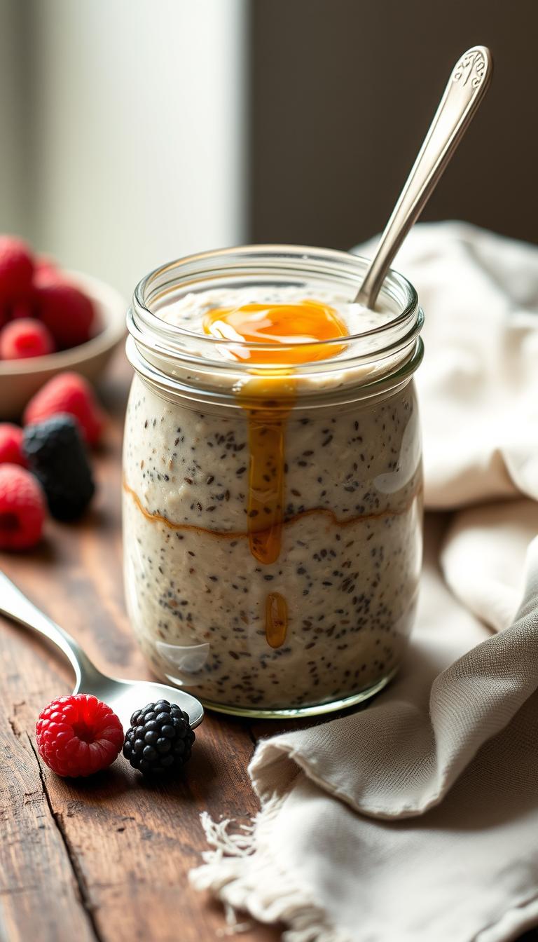 Creamy overnight oats with chia seeds in glass jar, drizzled with honey and served with fresh berries on wooden surface in soft lighting.