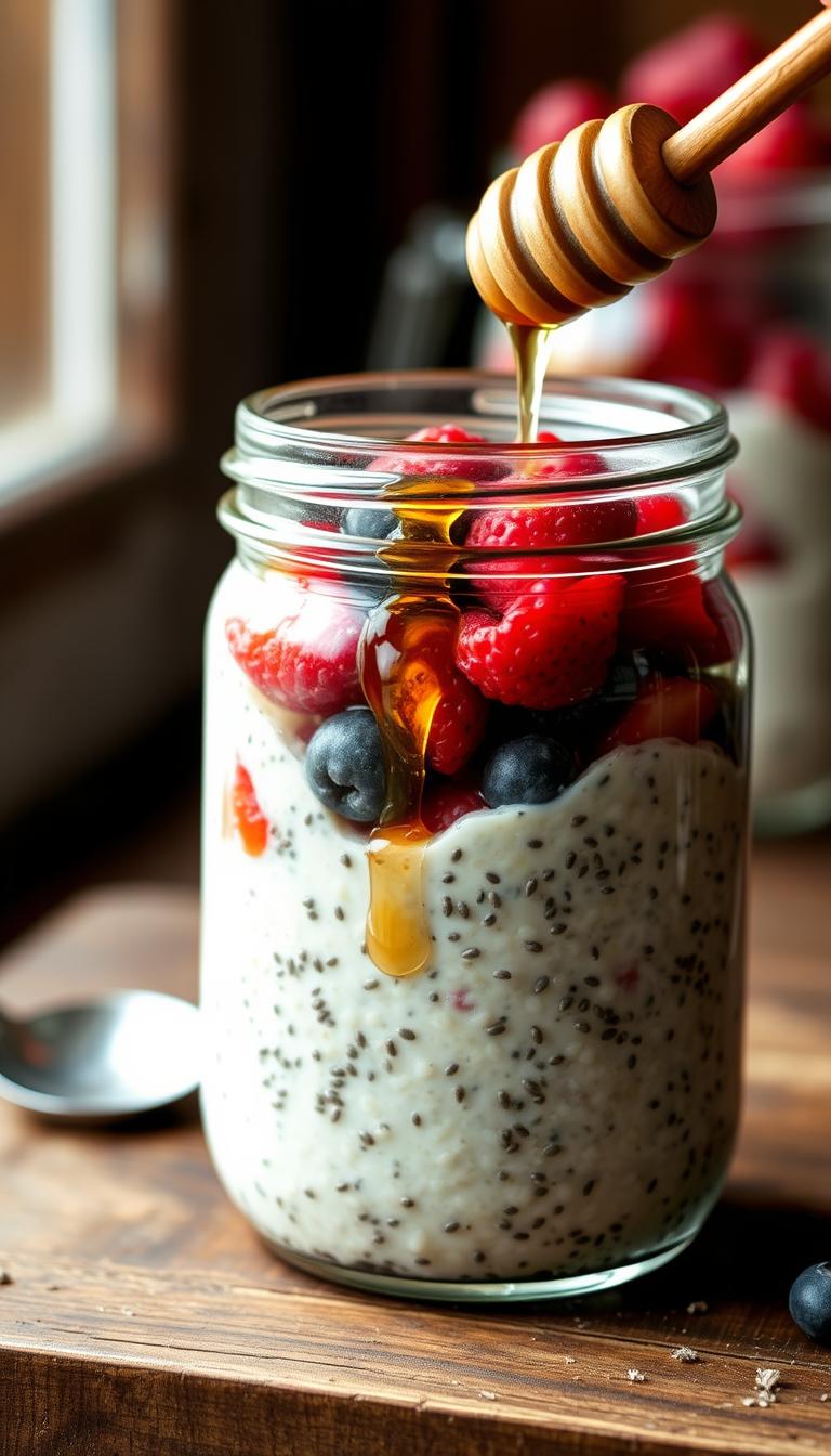 Layered overnight oats in glass jar with chia seeds, fresh berries and honey drizzle, placed on wooden surface in natural lighting.