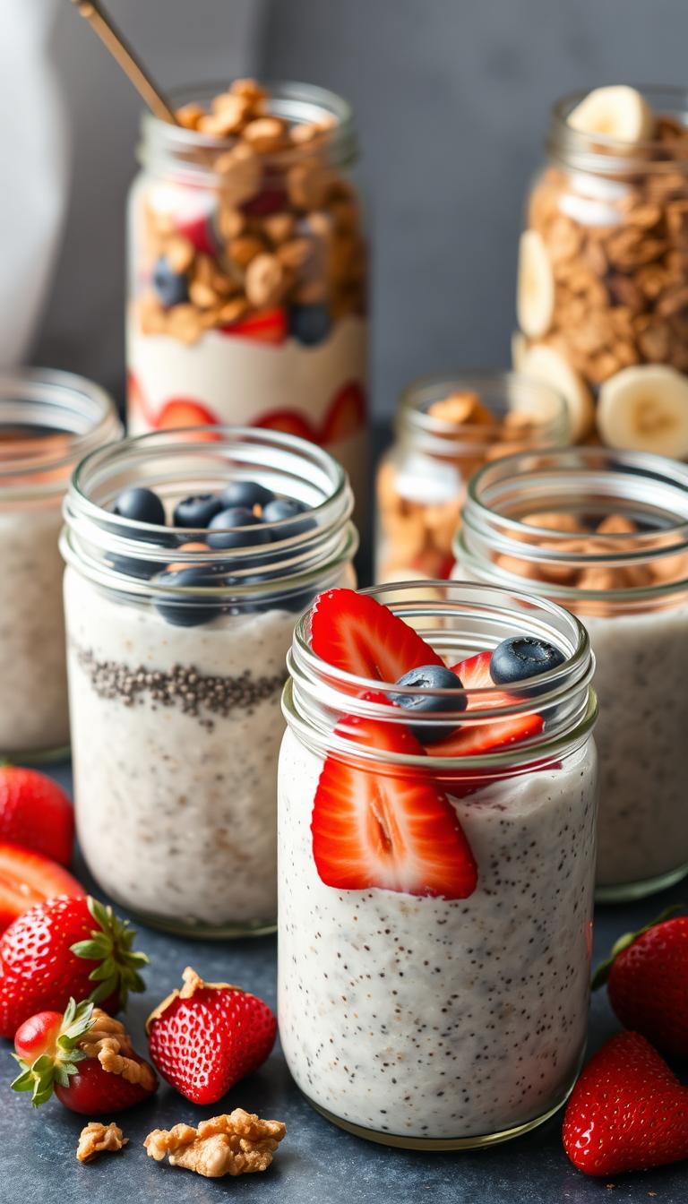 Glass jars of overnight oats with various toppings including strawberries, walnuts, honey, chia seeds, blueberries, granola and banana slices in natural light.