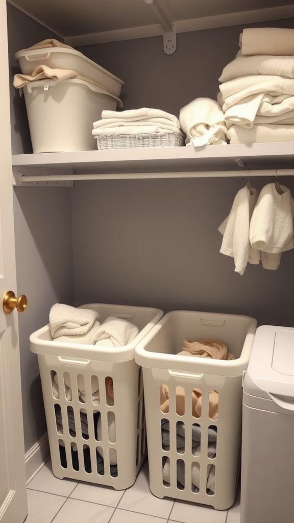 A tidy laundry room with organized hampers and shelves.