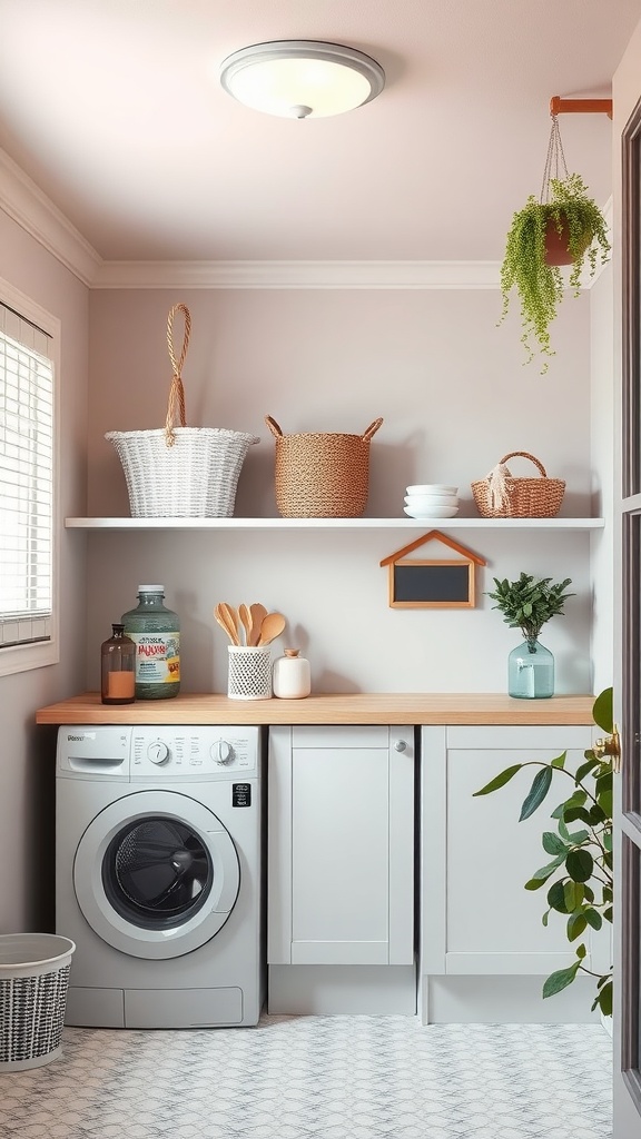 A bright and organized laundry room featuring gray walls, wooden counters, and stylish storage baskets.