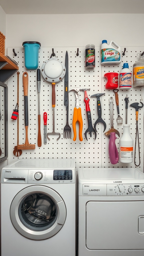 A pegboard filled with various tools and cleaning supplies in a laundry room.