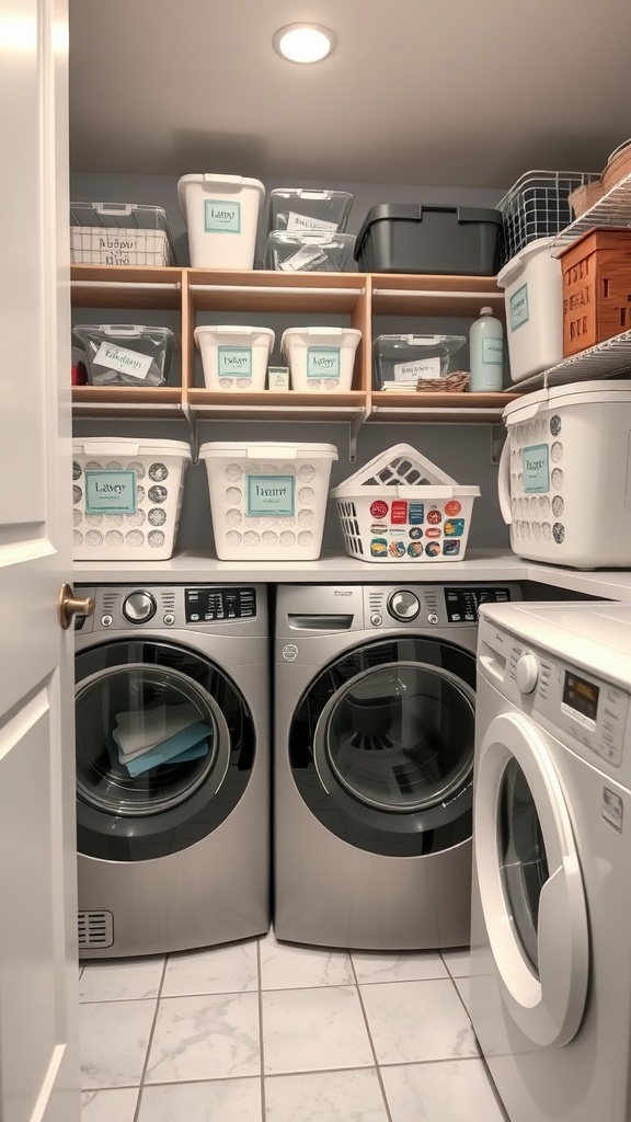 A well-organized laundry room with labeled storage bins and gray walls.