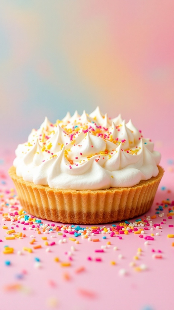 A delicious lemon meringue pie topped with fluffy white meringue and colorful sprinkles.