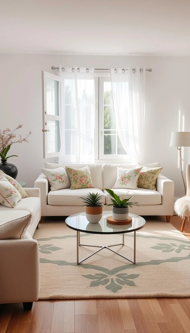 Spring living room with pastel colors, floral cushions, breezy curtains, potted plants, and nature-inspired decor in soft light.